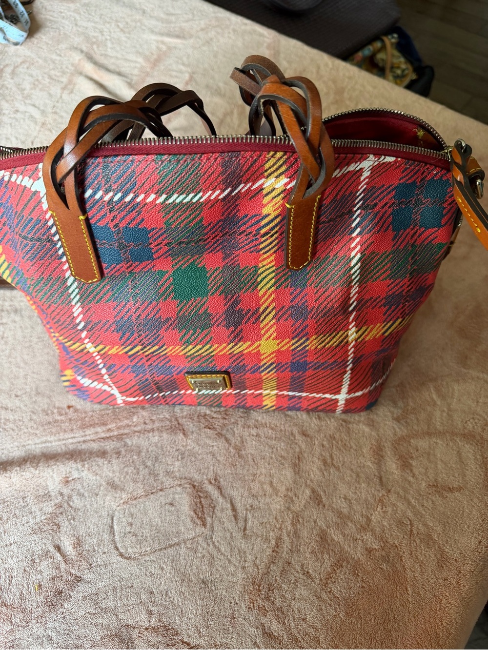 Dooney & Bourke Red Tartan Plaid Tote with Brown Leather Trim